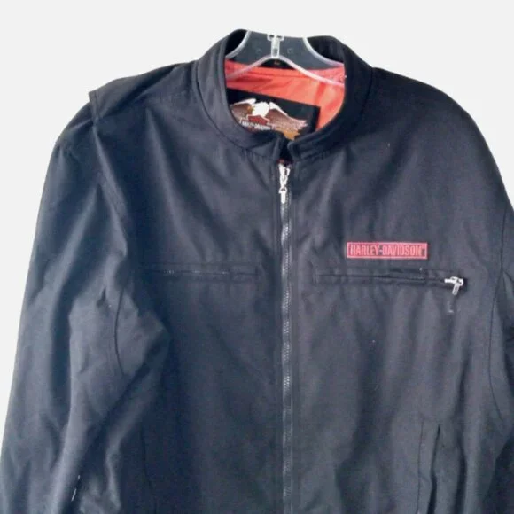 Harley-Davidson Black Canvas Jacket Flames Logo Size Large Zip Pockets - Picture 14 of 16